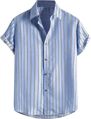 Men's Striped Shirts Button Down Beach Shirt Short Sleeve Hawaiian Shirt Tees Quick Dry Western Shirt 2025 Trendy