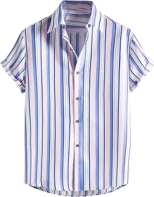 Men's Striped Shirts Button Down Beach Shirt Short Sleeve Hawaiian Shirt Tees Quick Dry Western Shirt 2025 Trendy