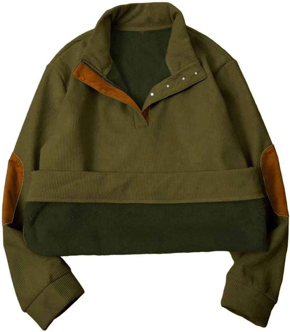 Mens Sweatshirt Stand Collar Corduroy Polo Warm Cuff Patch Long Sleeve Sweatshirt Top Stand Collar Button Pullover