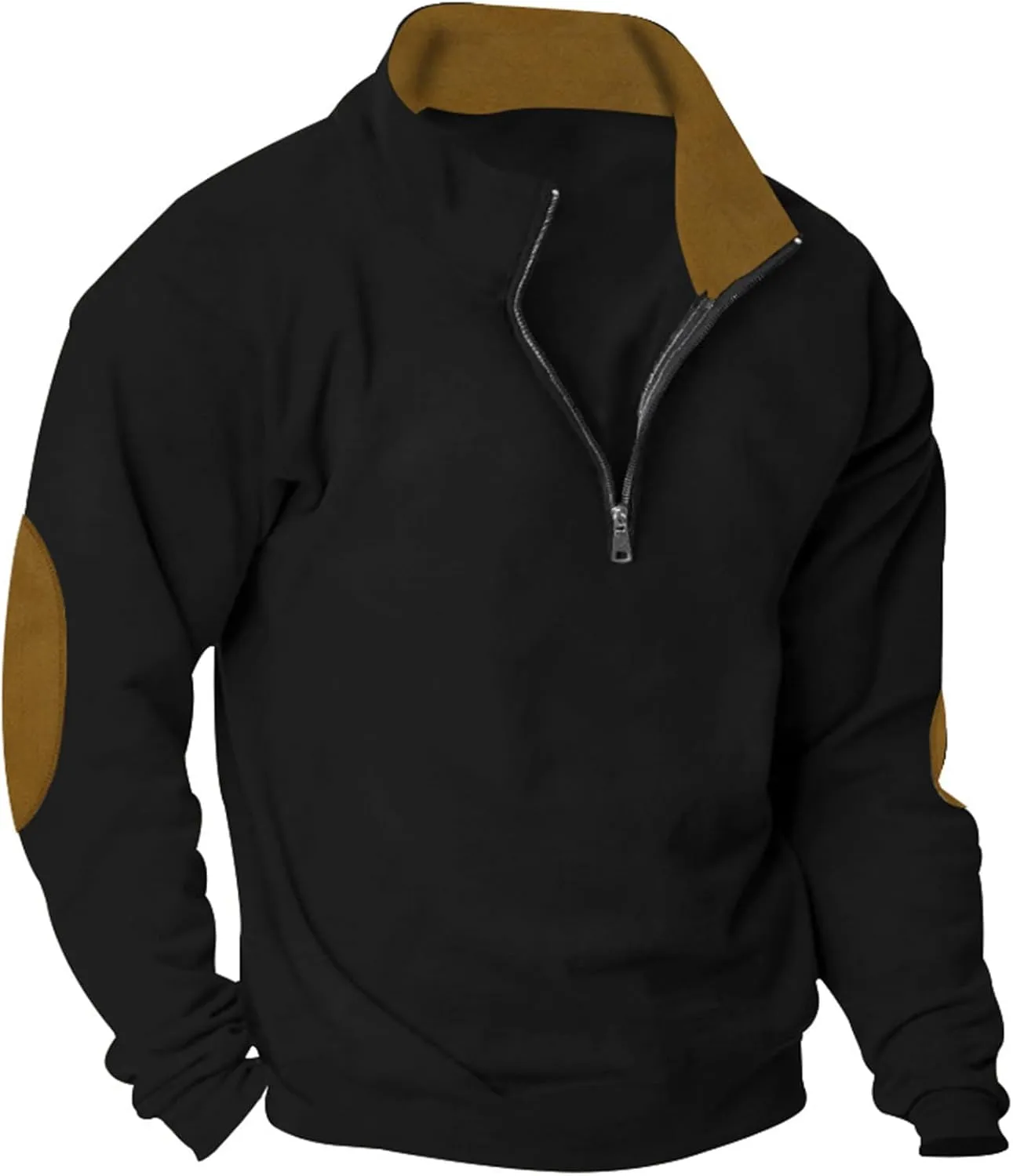 Mens Sweatshirt Stand Collar Corduroy Polo Warm Cuff Patch Long Sleeve Sweatshirt Top Stand Collar Button Pullover