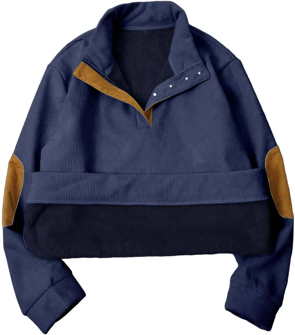 Mens Sweatshirt Stand Collar Corduroy Polo Warm Cuff Patch Long Sleeve Sweatshirt Top Stand Collar Button Pullover