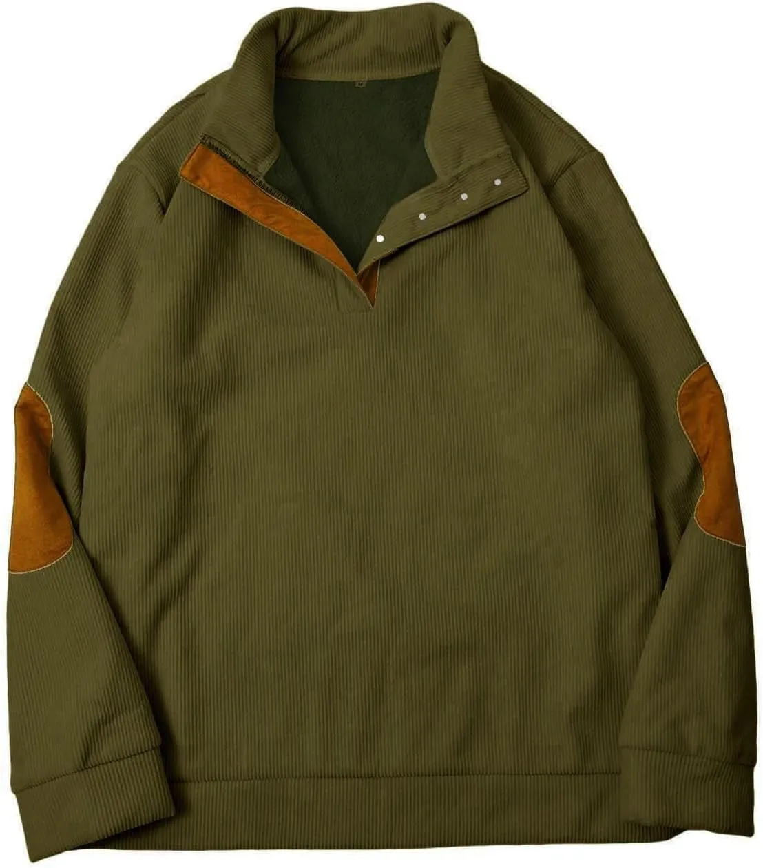 Mens Sweatshirt Stand Collar Corduroy Polo Warm Cuff Patch Long Sleeve Sweatshirt Top Stand Collar Button Pullover