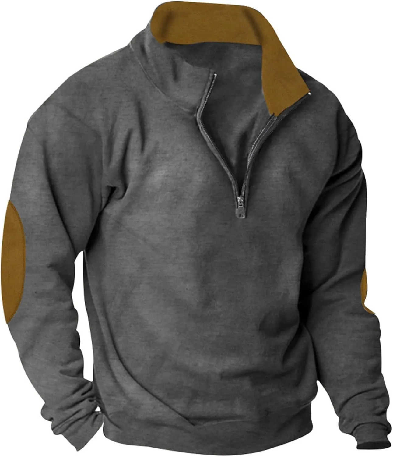 Mens Sweatshirt Stand Collar Corduroy Polo Warm Cuff Patch Long Sleeve Sweatshirt Top Stand Collar Button Pullover