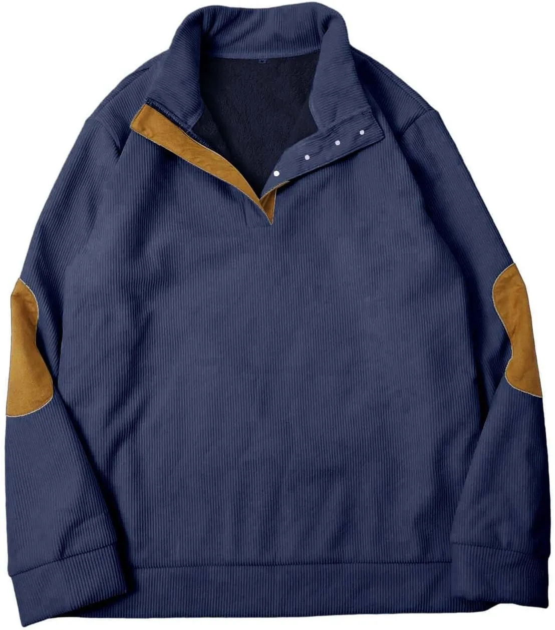 Mens Sweatshirt Stand Collar Corduroy Polo Warm Cuff Patch Long Sleeve Sweatshirt Top Stand Collar Button Pullover