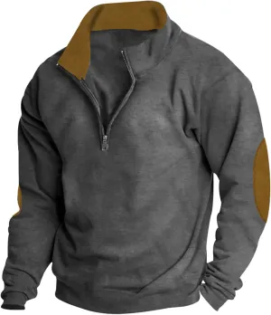 Mens Sweatshirt Stand Collar Corduroy Polo Warm Cuff Patch Long Sleeve Sweatshirt Top Stand Collar Button Pullover