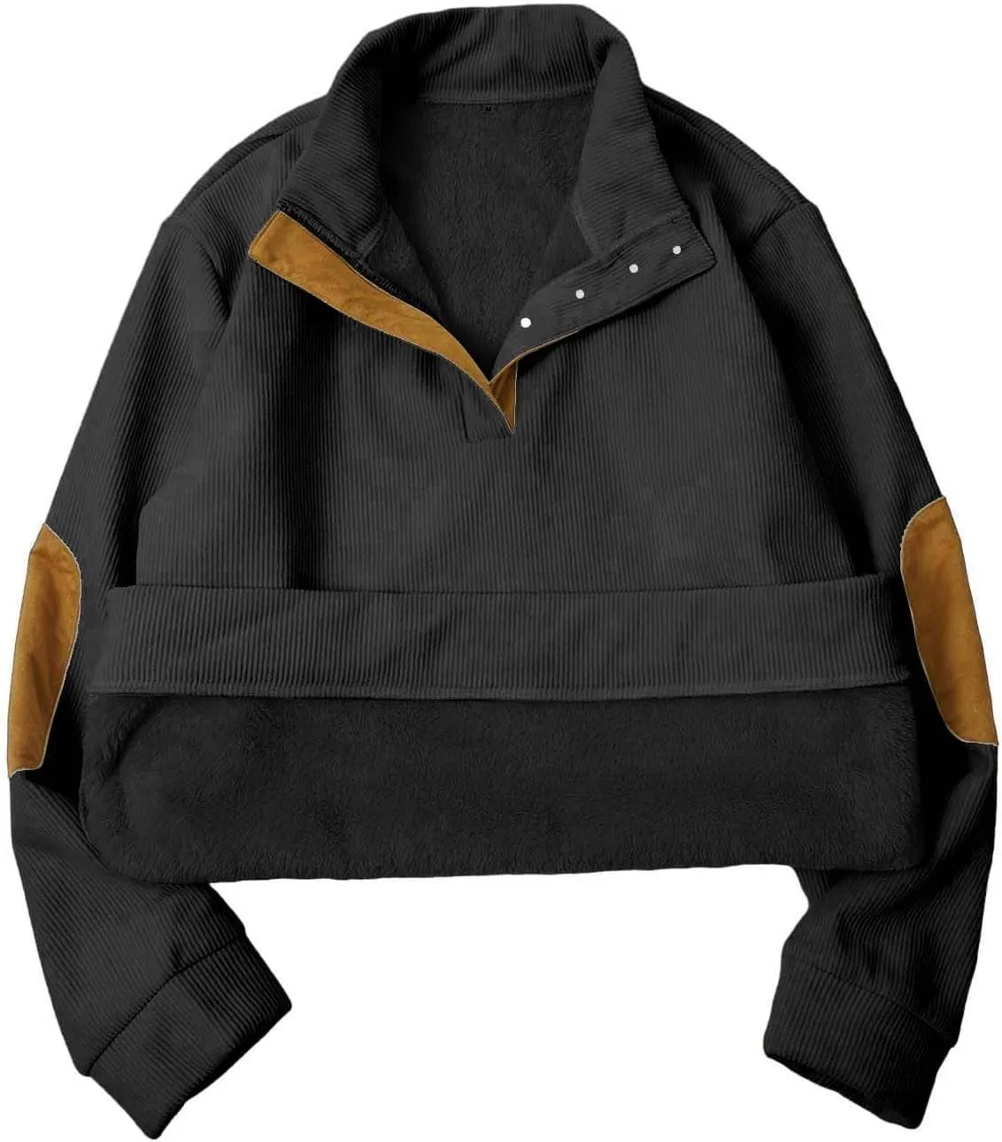 Mens Sweatshirt Stand Collar Corduroy Polo Warm Cuff Patch Long Sleeve Sweatshirt Top Stand Collar Button Pullover