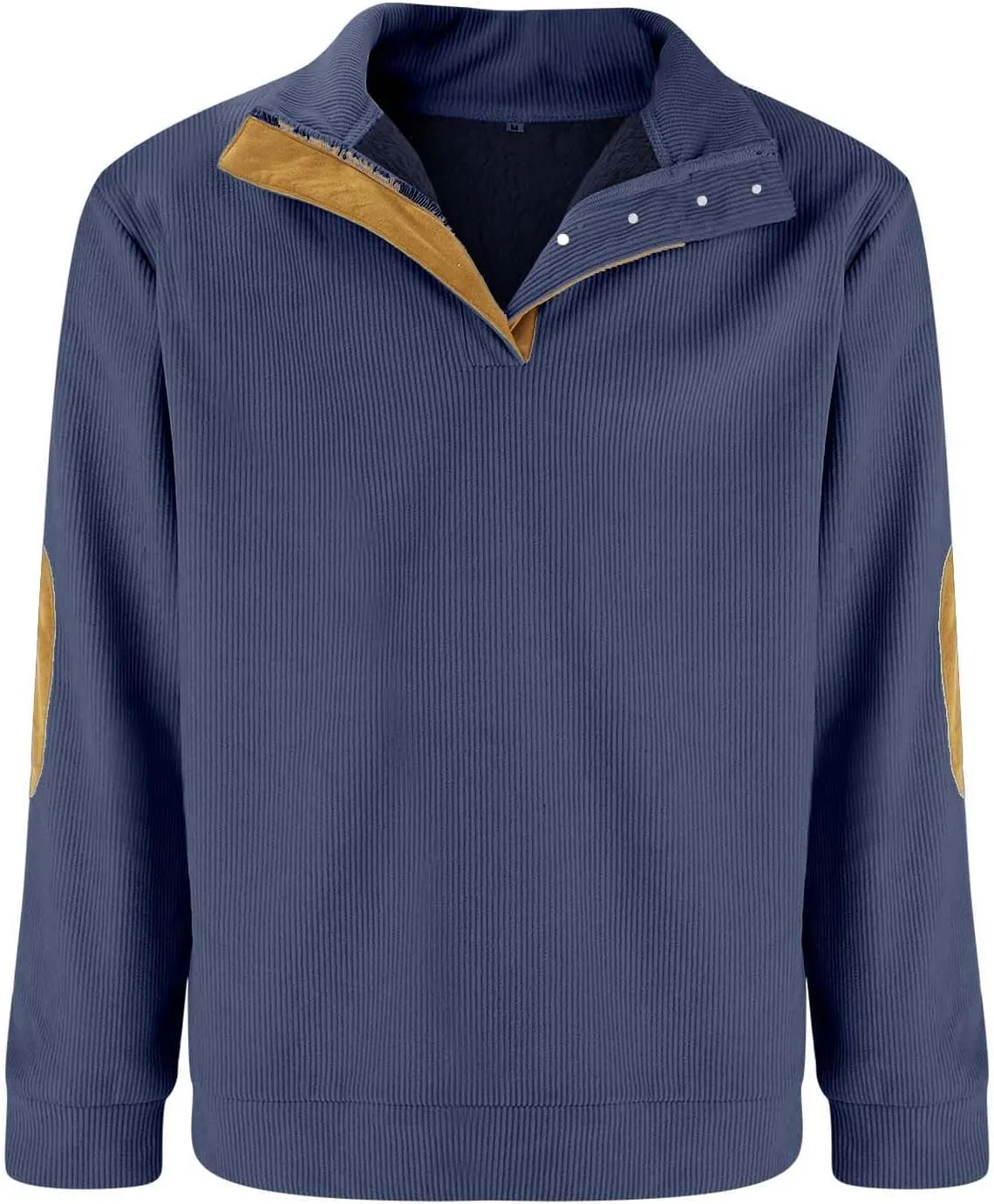 Mens Sweatshirt Stand Collar Corduroy Polo Warm Cuff Patch Long Sleeve Sweatshirt Top Stand Collar Button Pullover