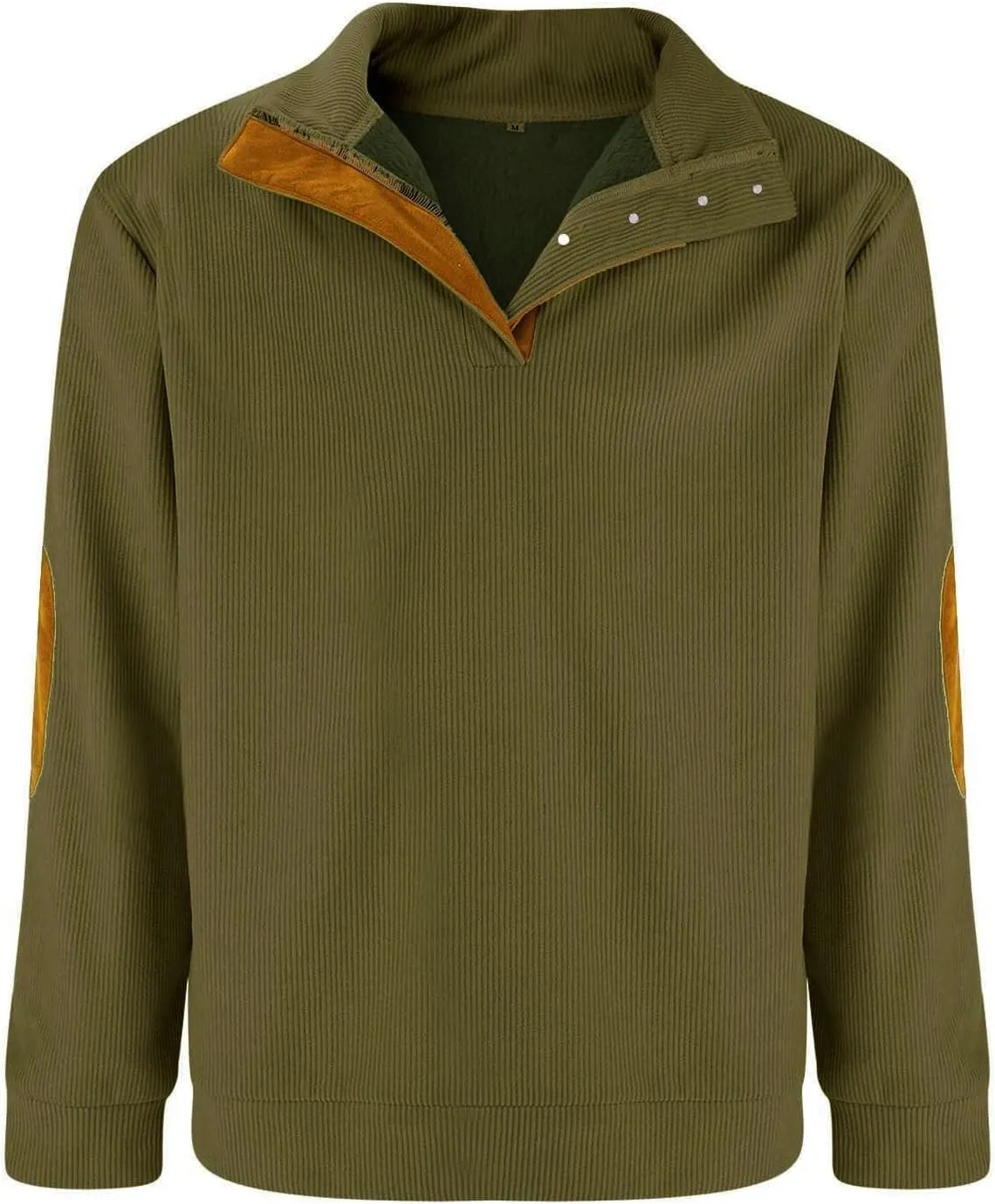 Mens Sweatshirt Stand Collar Corduroy Polo Warm Cuff Patch Long Sleeve Sweatshirt Top Stand Collar Button Pullover