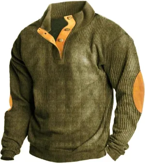 Mens Sweatshirt Stand Collar Corduroy Polo Warm Cuff Patch Long Sleeve Sweatshirt Top Stand Collar Button Pullover