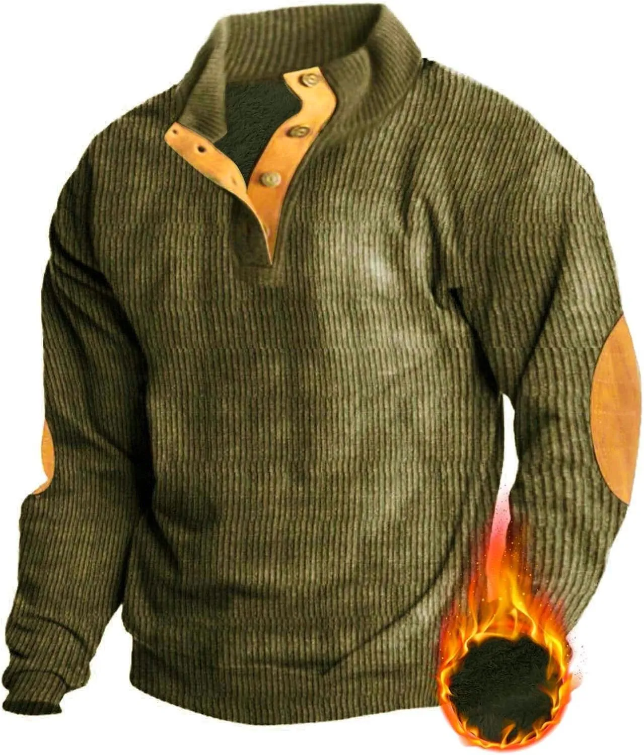 Mens Sweatshirt Stand Collar Corduroy Polo Warm Cuff Patch Long Sleeve Sweatshirt Top Stand Collar Button Pullover