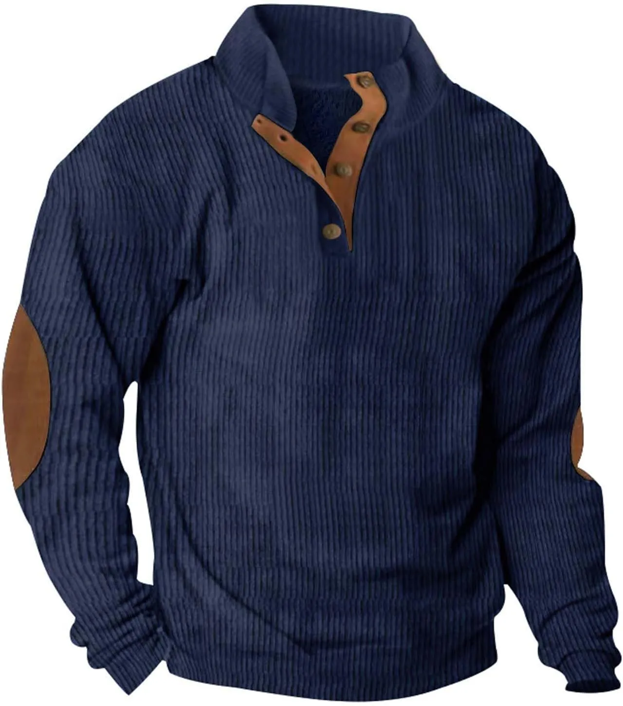 Mens Sweatshirt Stand Collar Corduroy Polo Warm Cuff Patch Long Sleeve Sweatshirt Top Stand Collar Button Pullover