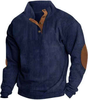 Mens Sweatshirt Stand Collar Corduroy Polo Warm Cuff Patch Long Sleeve Sweatshirt Top Stand Collar Button Pullover