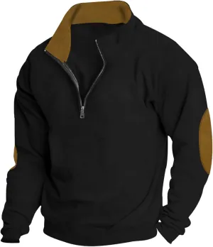 Mens Sweatshirt Stand Collar Corduroy Polo Warm Cuff Patch Long Sleeve Sweatshirt Top Stand Collar Button Pullover