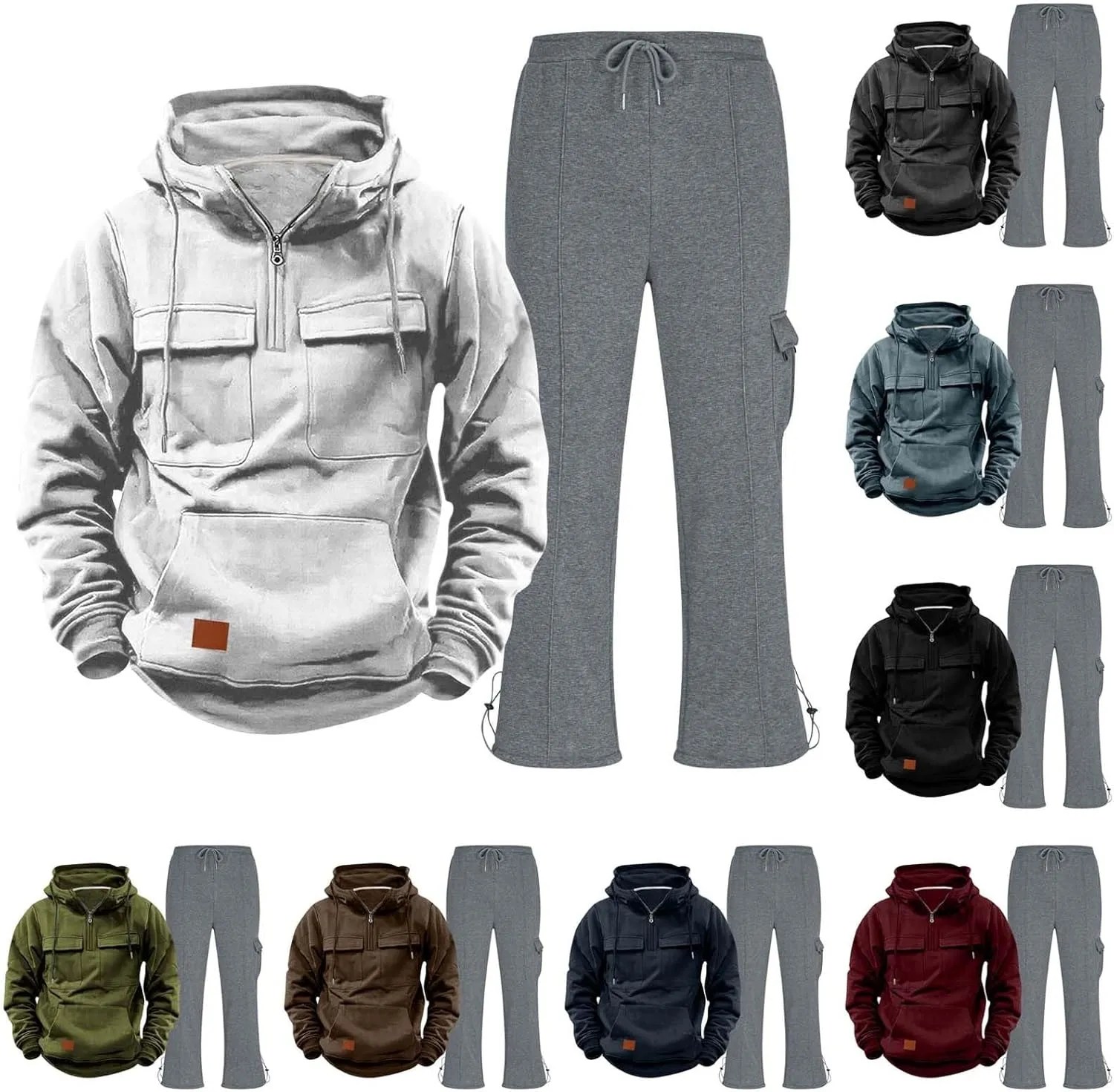 Mens Sweatsuit 2 Piece Quarter Zip Long Sleeve Tactical Hooded Drawstring Pullover Straight Leg Trousers with Pockets