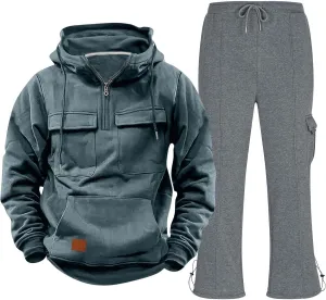 Mens Sweatsuit 2 Piece Quarter Zip Long Sleeve Tactical Hooded Drawstring Pullover Straight Leg Trousers with Pockets