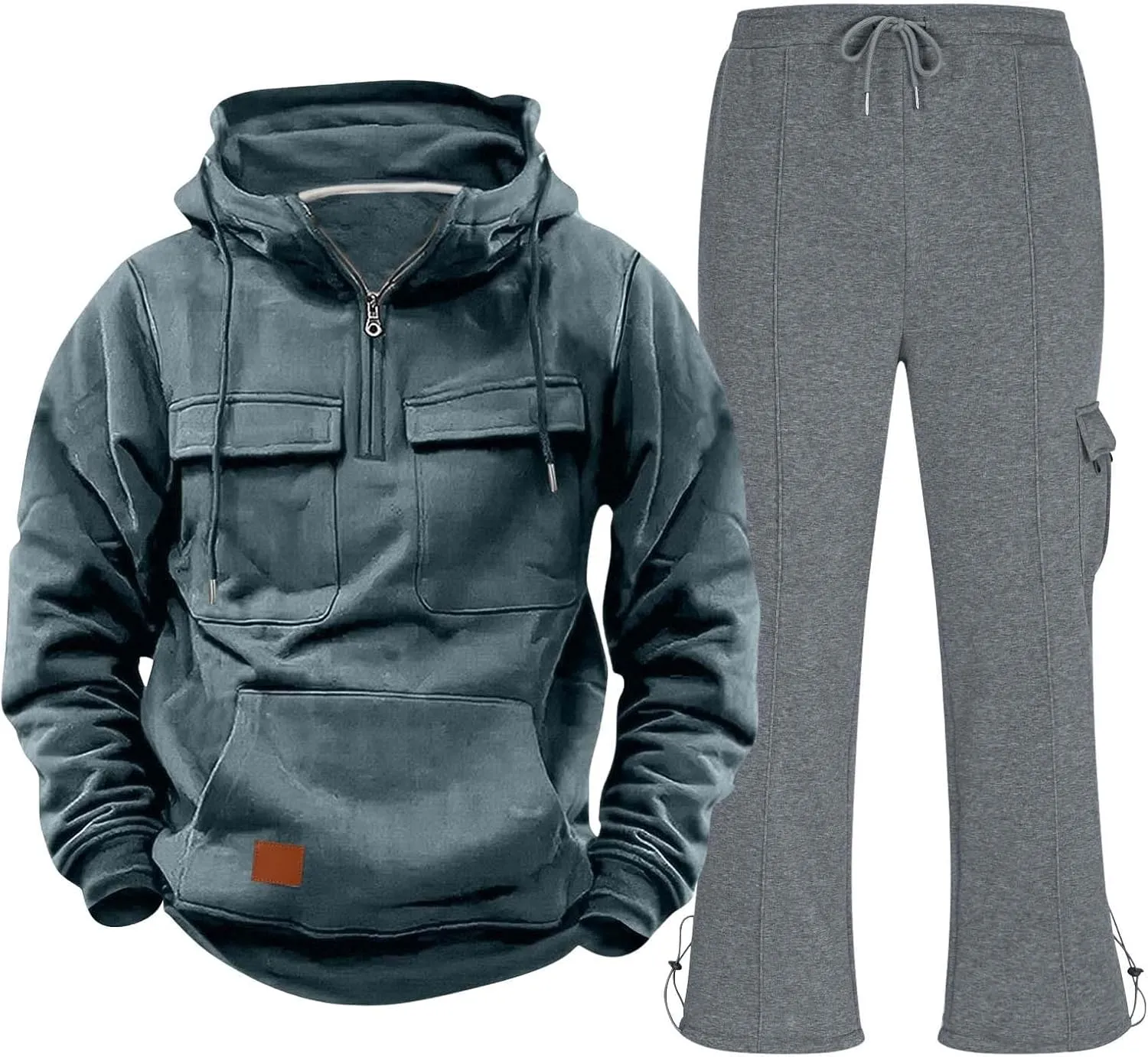 Mens Sweatsuit 2 Piece Quarter Zip Long Sleeve Tactical Hooded Drawstring Pullover Straight Leg Trousers with Pockets