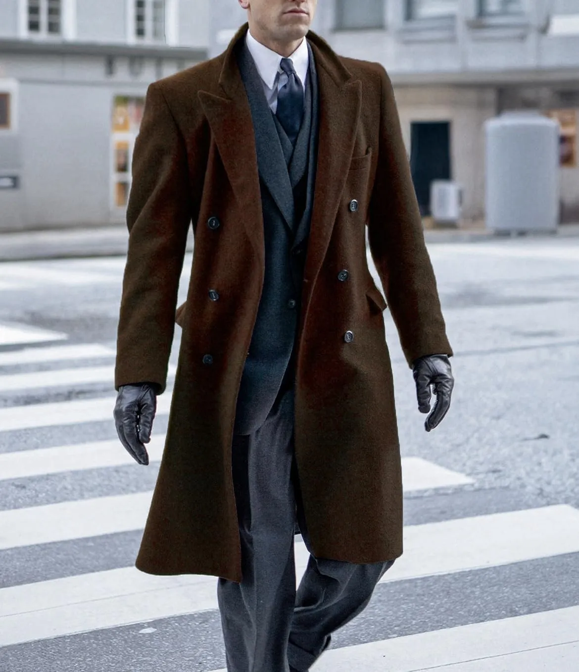 Men's Trench Coat Double Breasted Notched Lapel Peacoat Casual Warm Winter Long Jacket Overcoat With Pockets