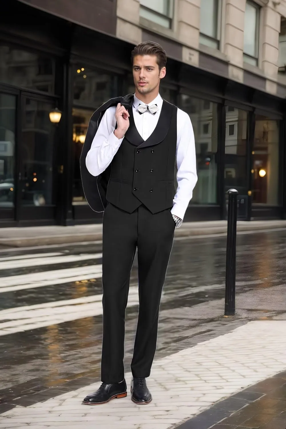 Men's Tuxedo 3 Piece Slim Fit Suit One Button Shawl Lapel Blazer Wedding Prom Jacket Double Breaste Vest Pants