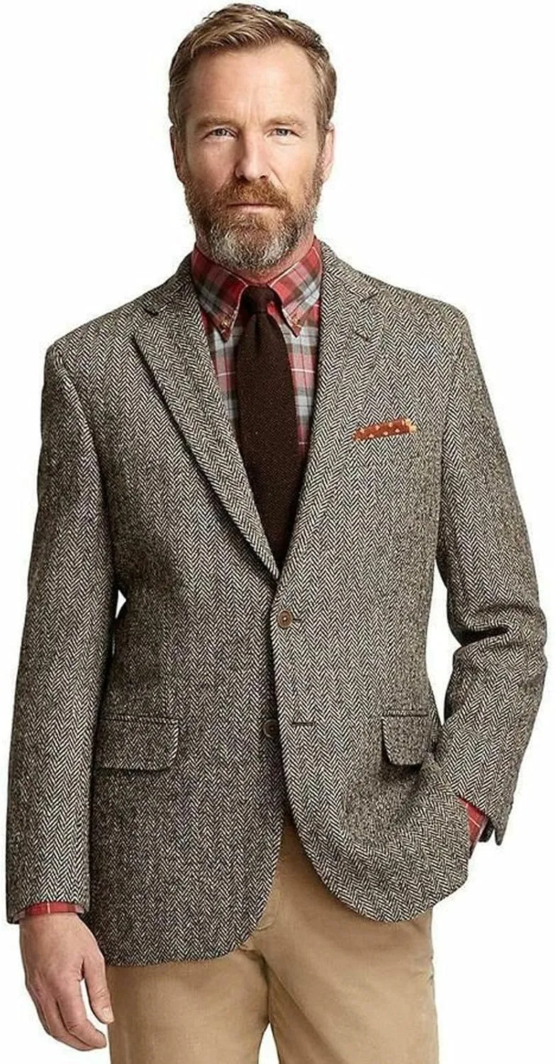 Mens Tweed Blazer 2 Button Lightweight Herringbone Jacket Casual Men Blazer Wedding Groomsmen Prom Jacket