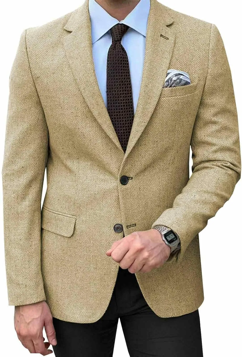 Mens Tweed Blazer 2 Button Lightweight Herringbone Jacket Casual Men Blazer Wedding Groomsmen Prom Jacket