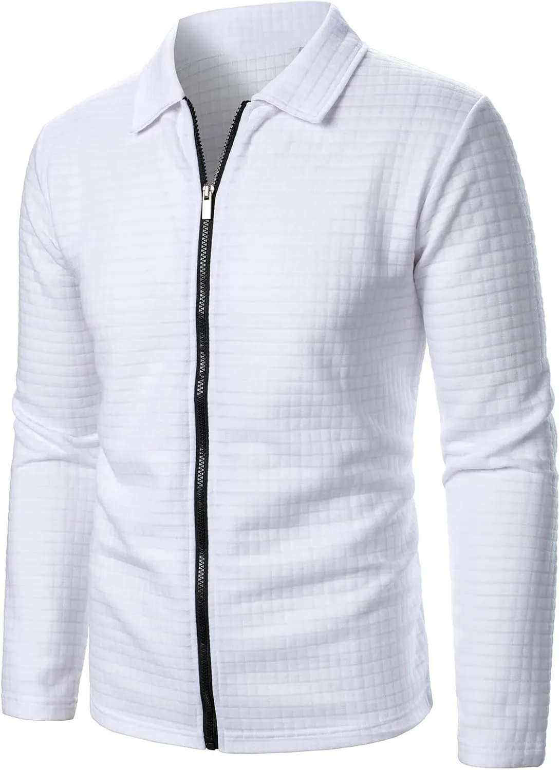Men's Waffle Jacket Zip Up Lapel Jacket Solid Color Long Sleeve Shirt Spring Fall Outdoor Joggers Sports Coat Tops