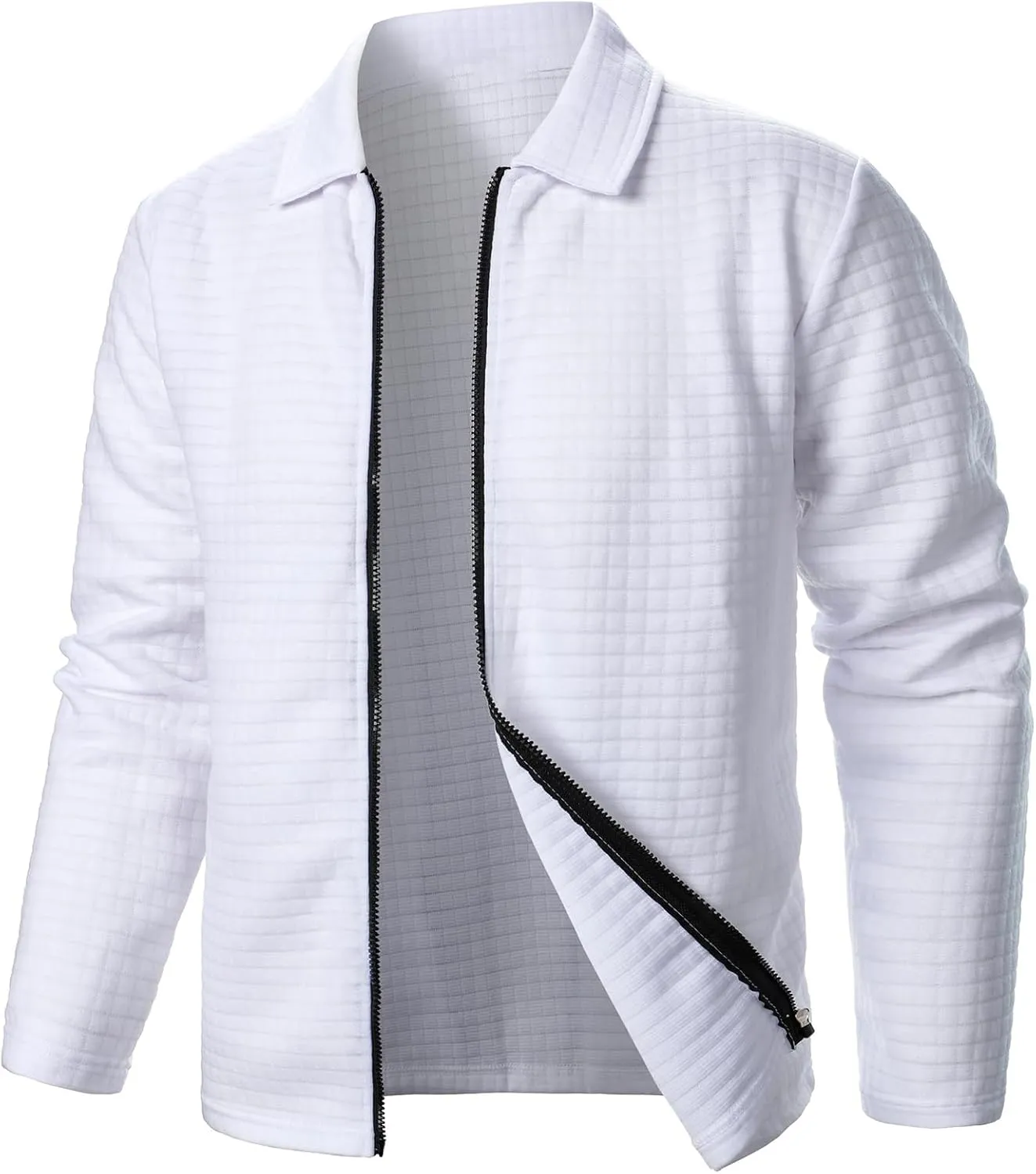 Men's Waffle Jacket Zip Up Lapel Jacket Solid Color Long Sleeve Shirt Spring Fall Outdoor Joggers Sports Coat Tops
