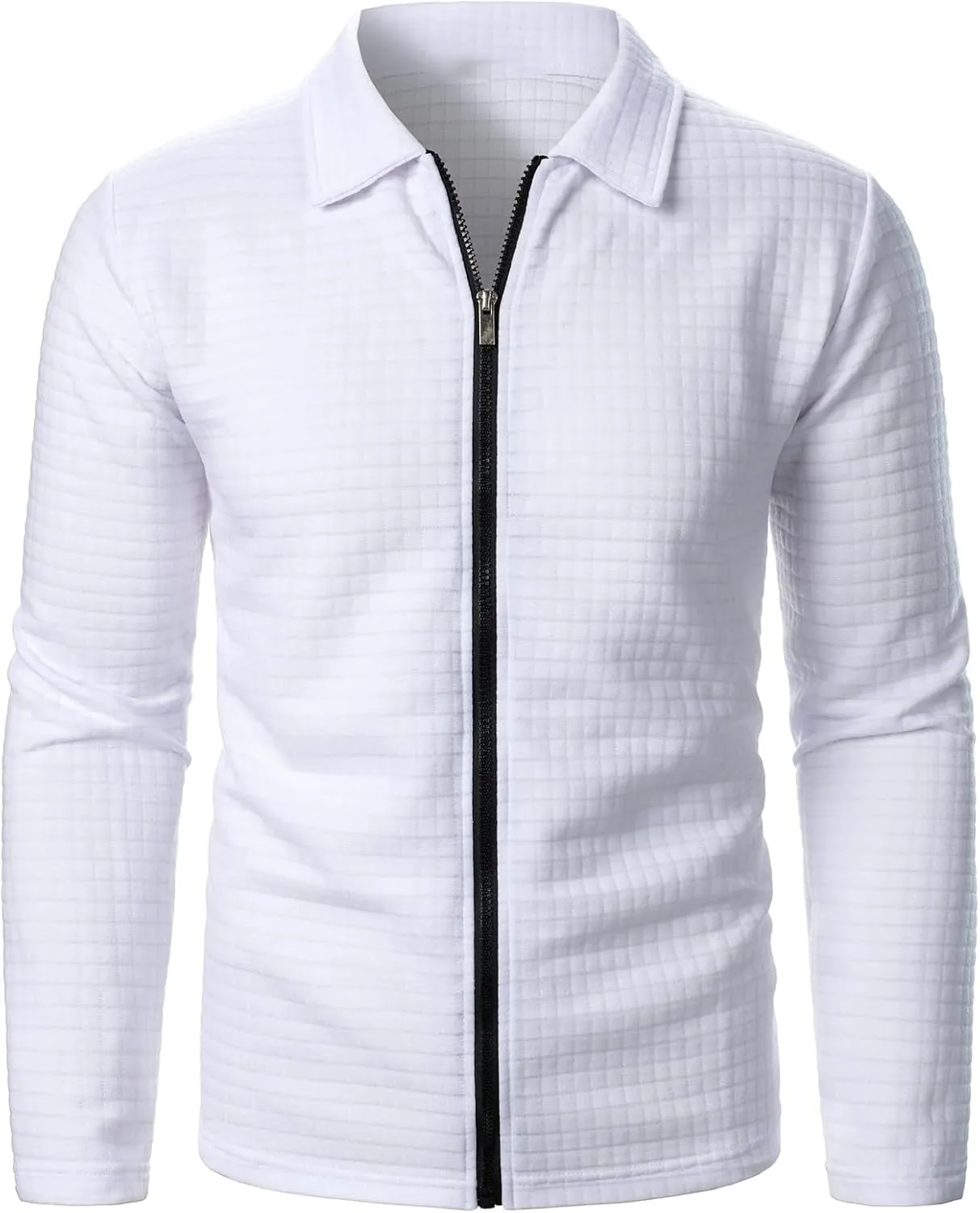 Men's Waffle Jacket Zip Up Lapel Jacket Solid Color Long Sleeve Shirt Spring Fall Outdoor Joggers Sports Coat Tops