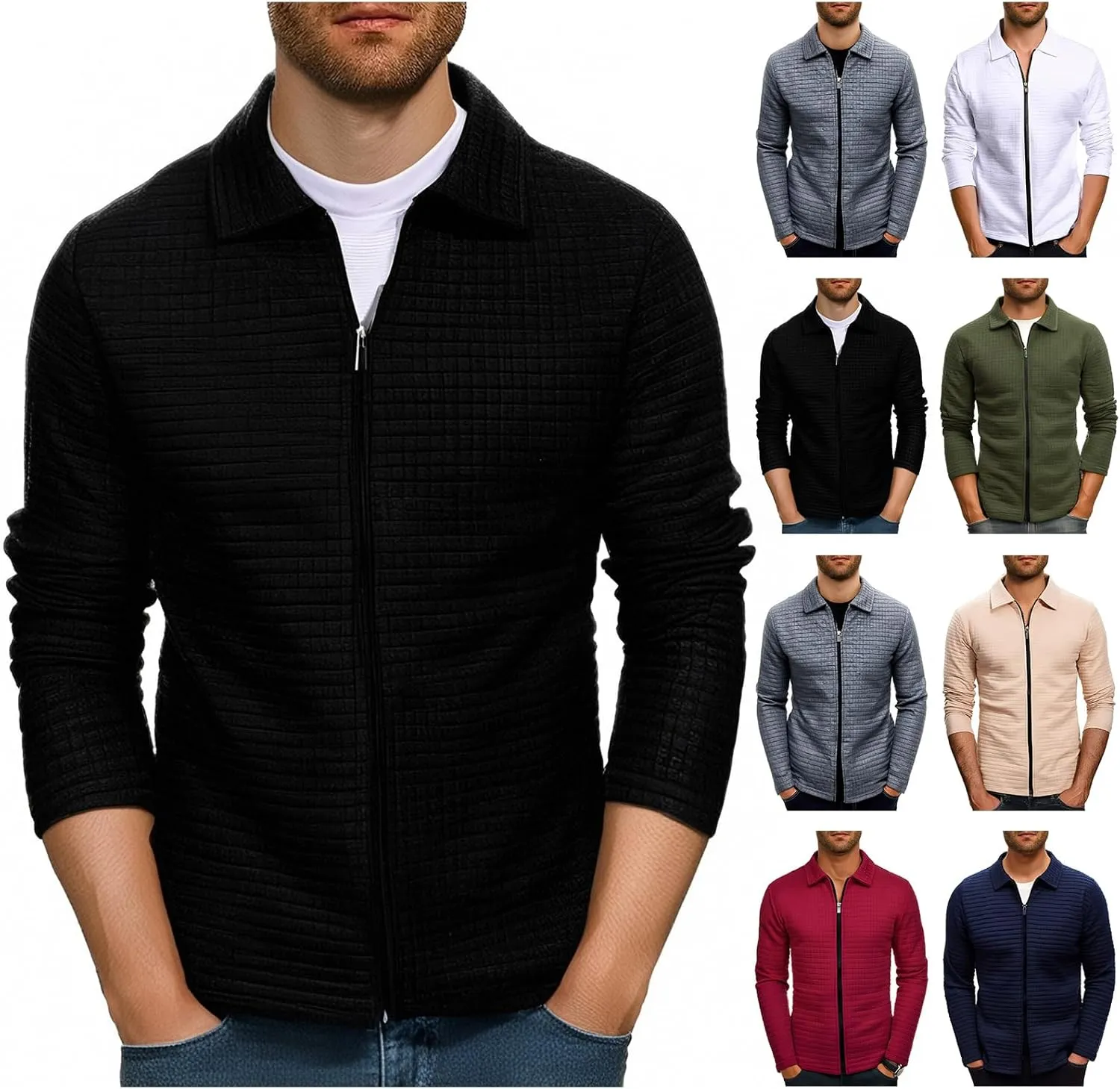 Men's Waffle Jacket Zip Up Lapel Jacket Solid Color Long Sleeve Shirt Spring Fall Outdoor Joggers Sports Coat Tops