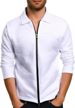 Men's Waffle Jacket Zip Up Lapel Jacket Solid Color Long Sleeve Shirt Spring Fall Outdoor Joggers Sports Coat Tops