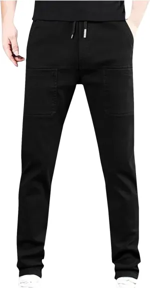 Men's Waterproof Cargo Pants Outdoor Running Hiking Elastic Waist Trousers Plus Size Drawstring Pants with Pockets