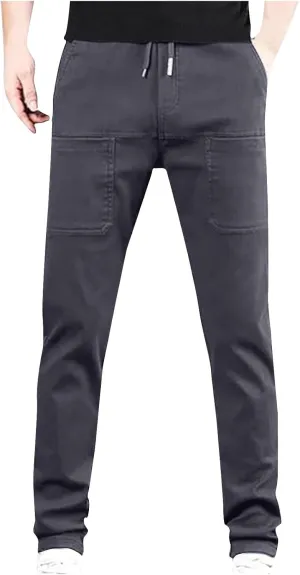 Men's Waterproof Cargo Pants Outdoor Running Hiking Elastic Waist Trousers Plus Size Drawstring Pants with Pockets