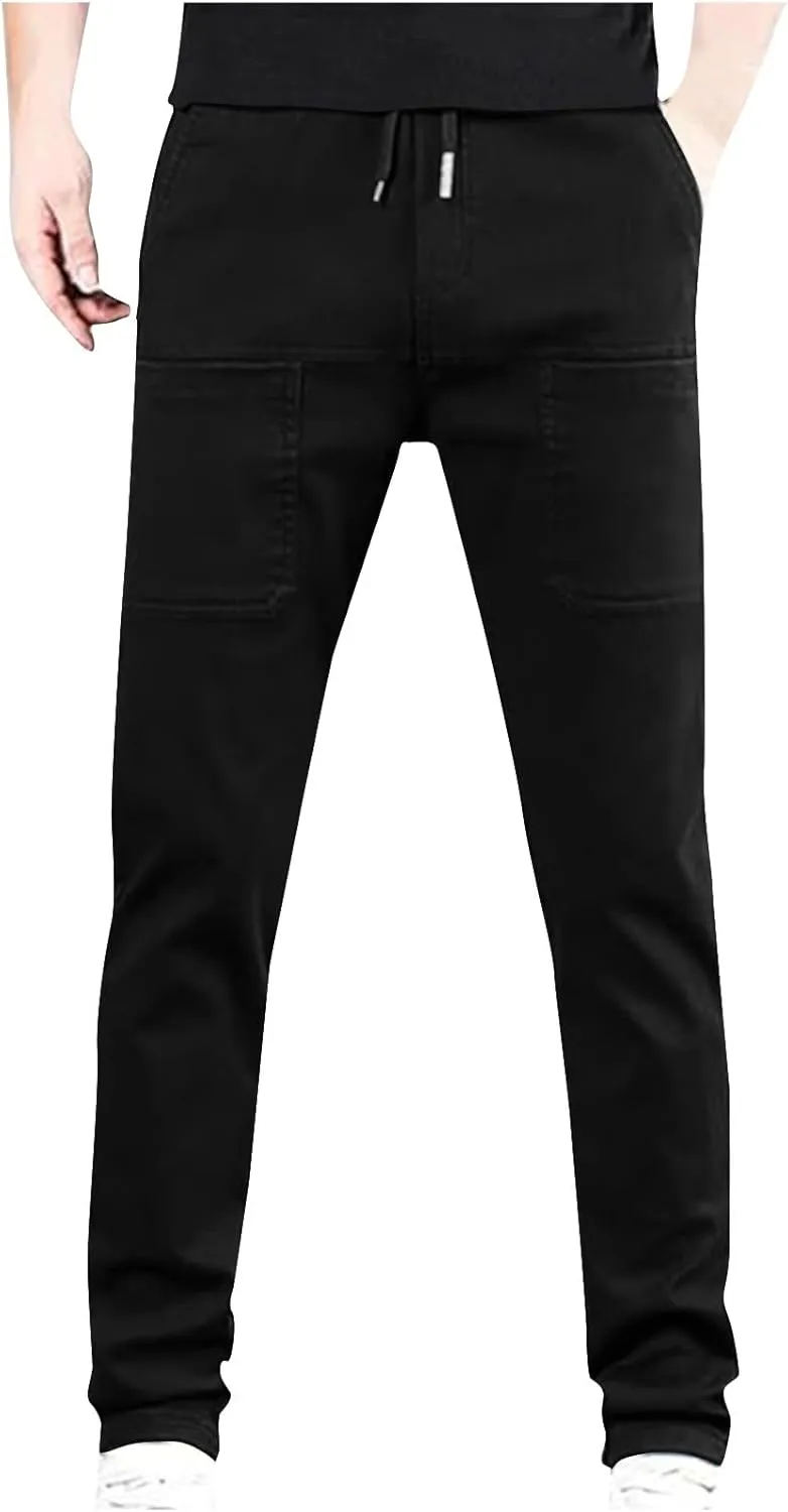 Men's Waterproof Cargo Pants Outdoor Running Hiking Elastic Waist Trousers Plus Size Drawstring Pants with Pockets