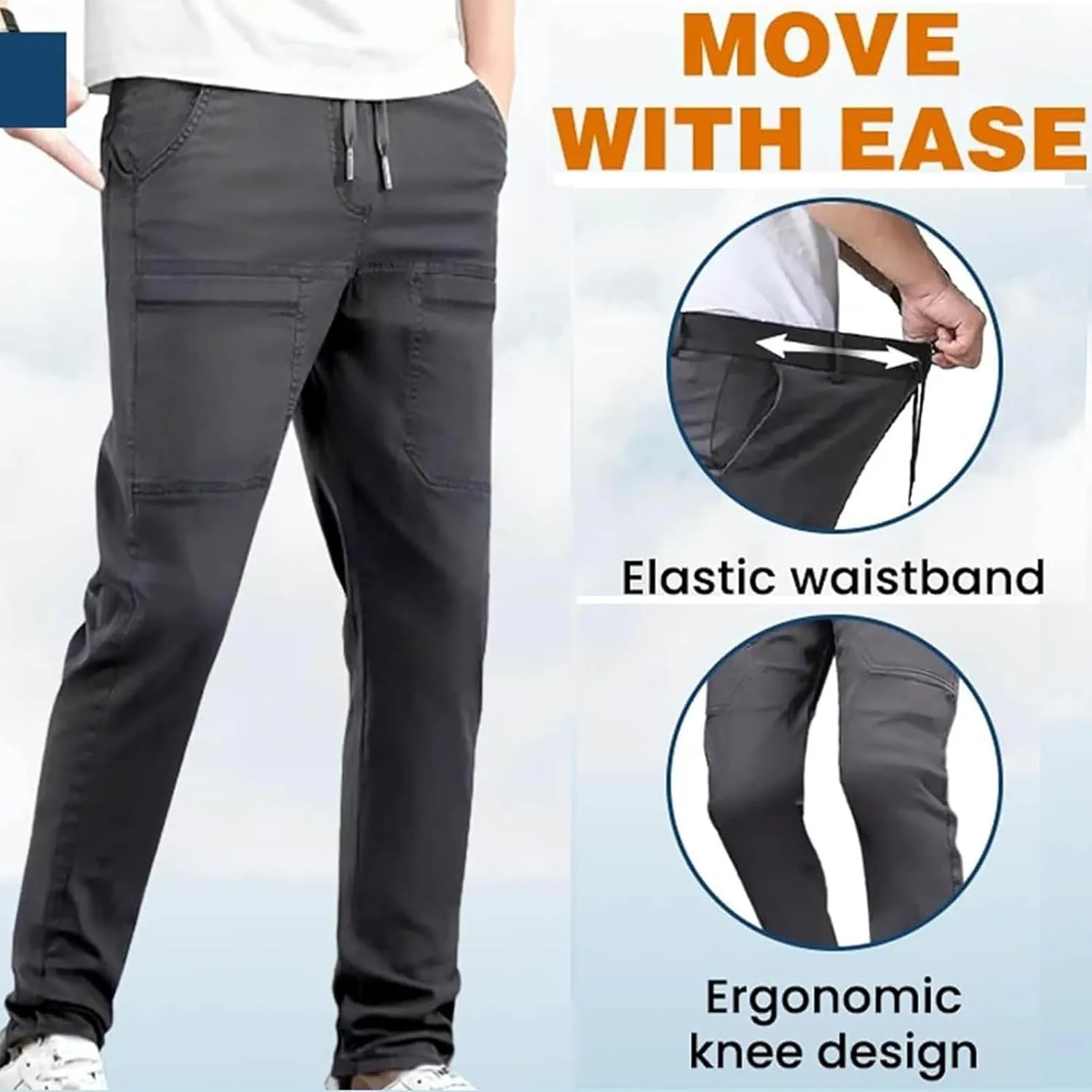 Men's Waterproof Cargo Pants Outdoor Running Hiking Elastic Waist Trousers Plus Size Drawstring Pants with Pockets