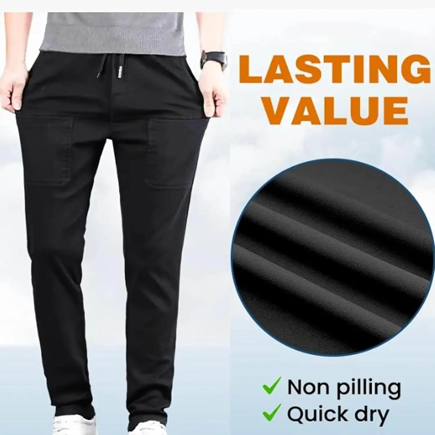 Men's Waterproof Cargo Pants Outdoor Running Hiking Elastic Waist Trousers Plus Size Drawstring Pants with Pockets
