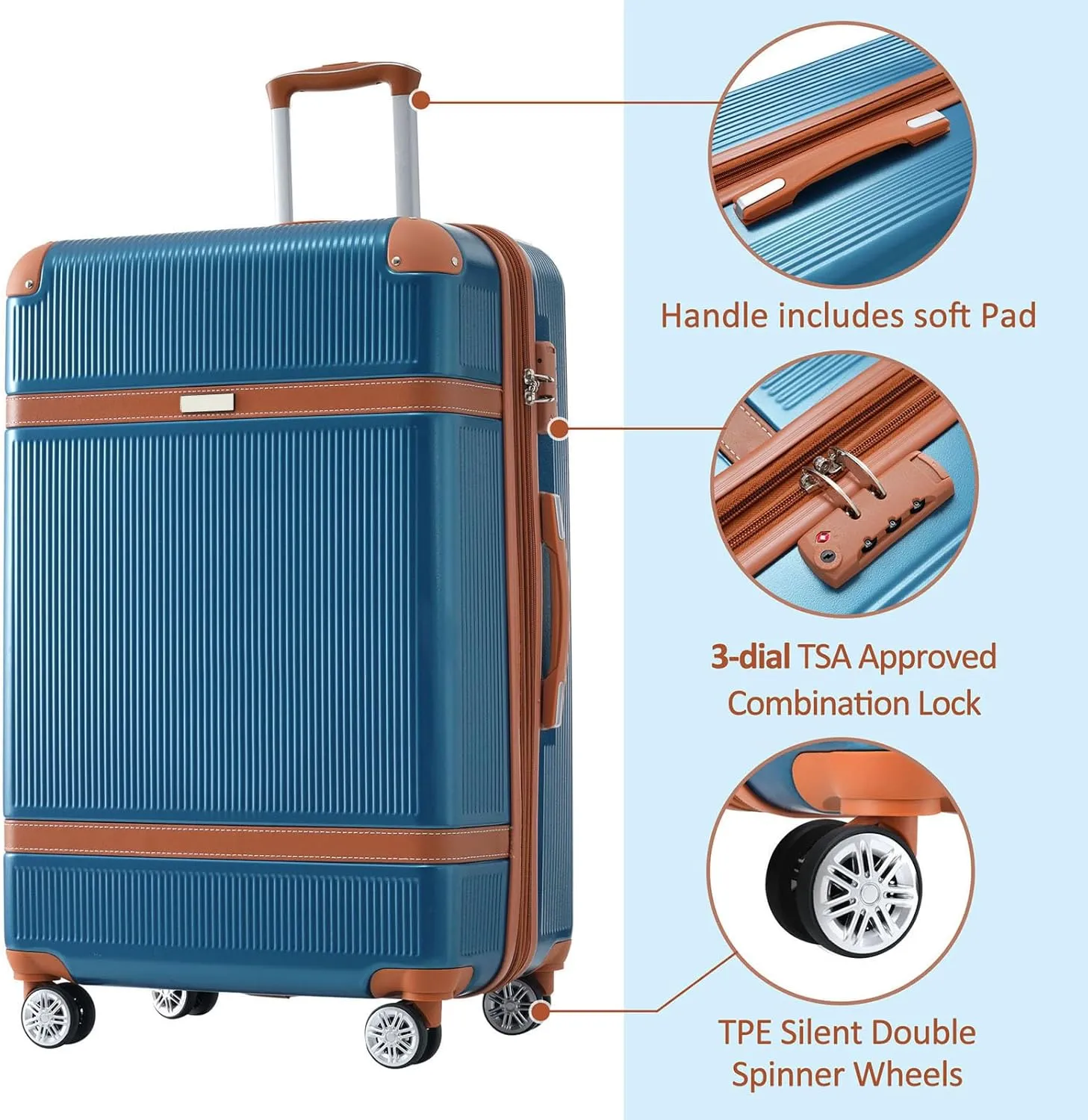 Merax Hardshell Luggage Sets 3 Piece Set 20" Carry-on ABS Suitcase Double Spinner Wheels with TSA Lock Suitcase set Expandable travel bag for Men and Women (1, Blue, 20" 24" 28" suitcase)