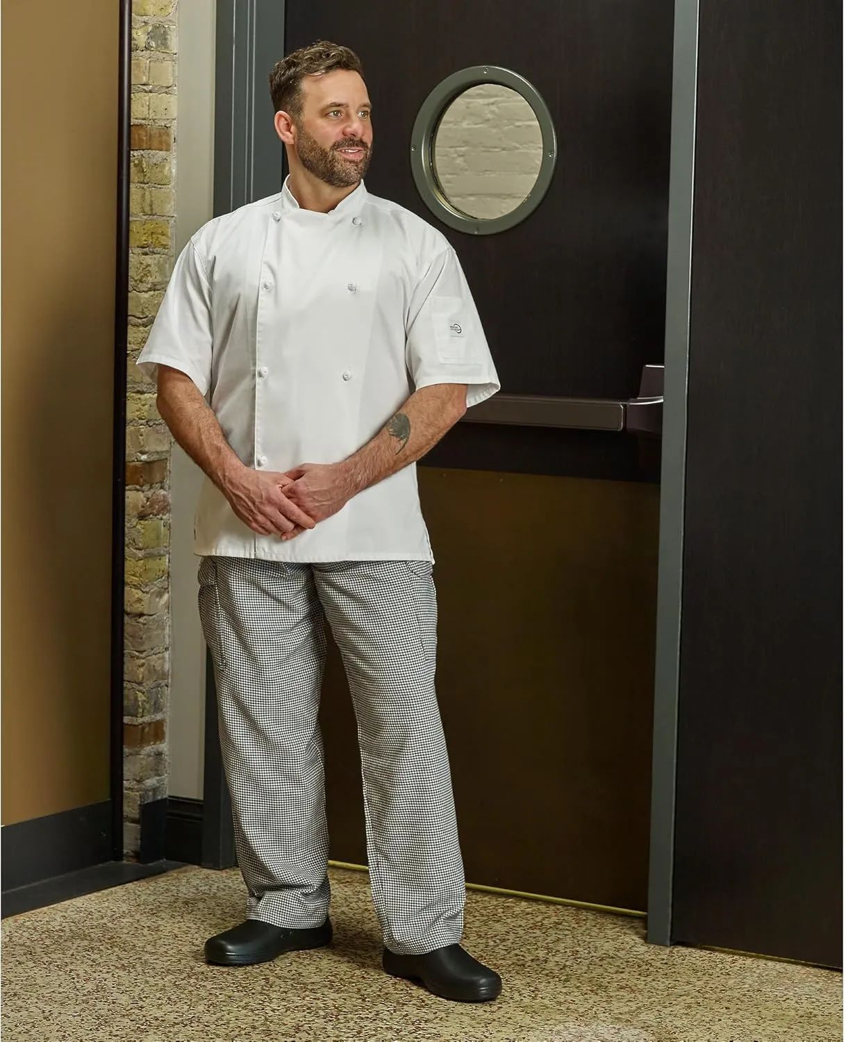 Mercer Culinary M61051HTL Genesis Men's Chef Cargo Pant in Hounds Tooth, Large, Black/White