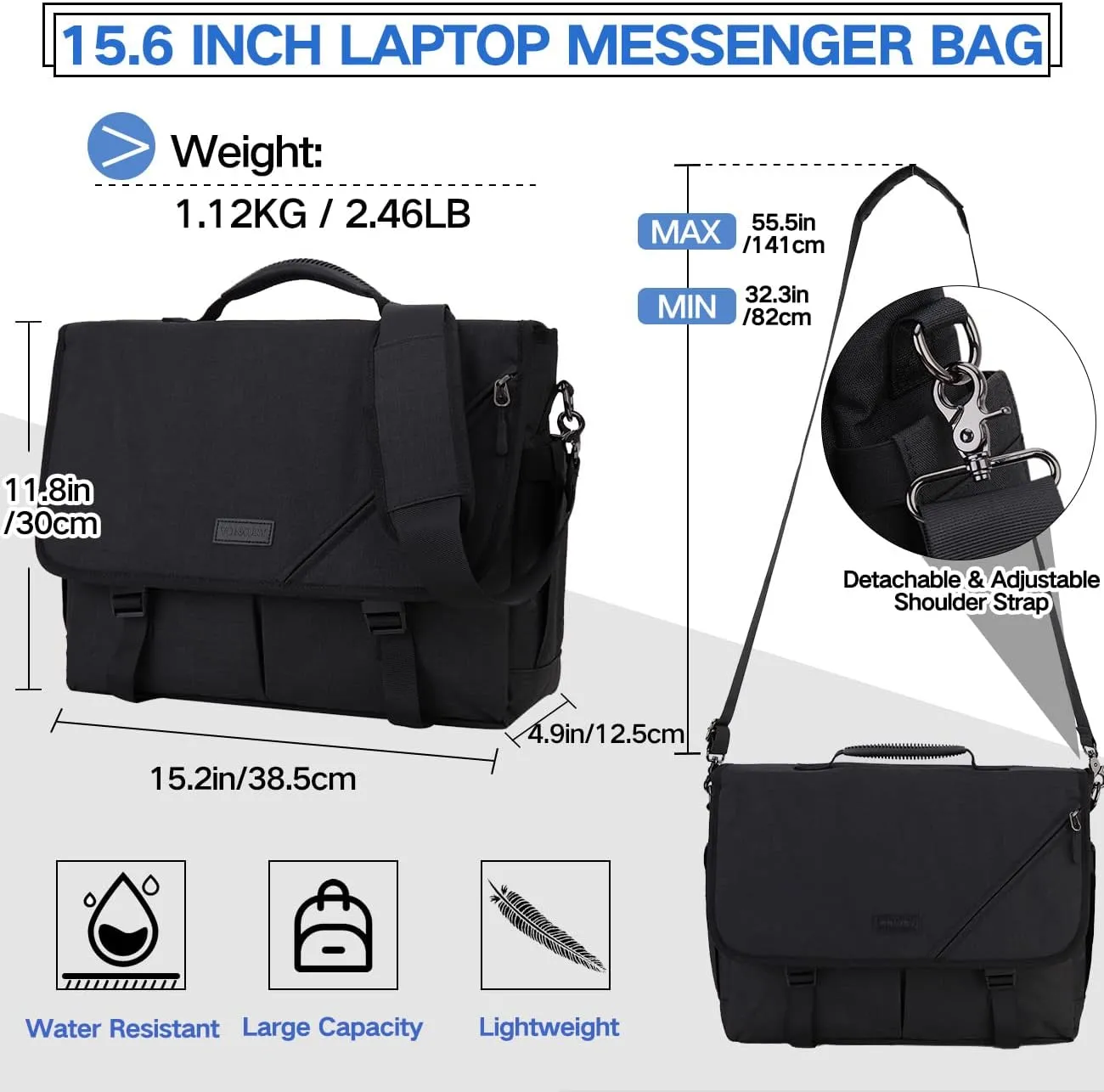 Messenger Bag for Men, Lightweight Water Resistant 15.6 In Laptop Bag Business Office Satchel Shoulder Bag