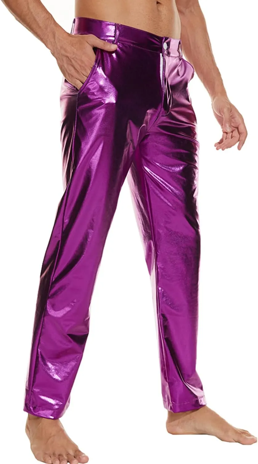 Metallic Shiny Disco Pants for Men, 70s/80s Party Rave Pants, Vintage Cosplay Straight Leg Trousers