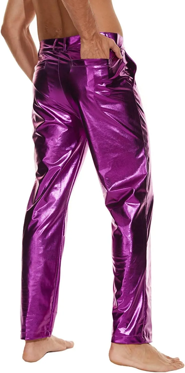 Metallic Shiny Disco Pants for Men, 70s/80s Party Rave Pants, Vintage Cosplay Straight Leg Trousers