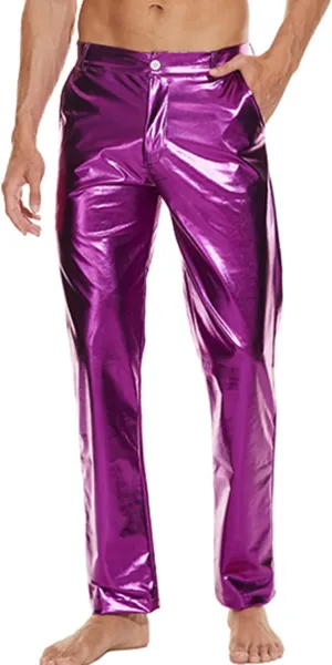 Metallic Shiny Disco Pants for Men, 70s/80s Party Rave Pants, Vintage Cosplay Straight Leg Trousers