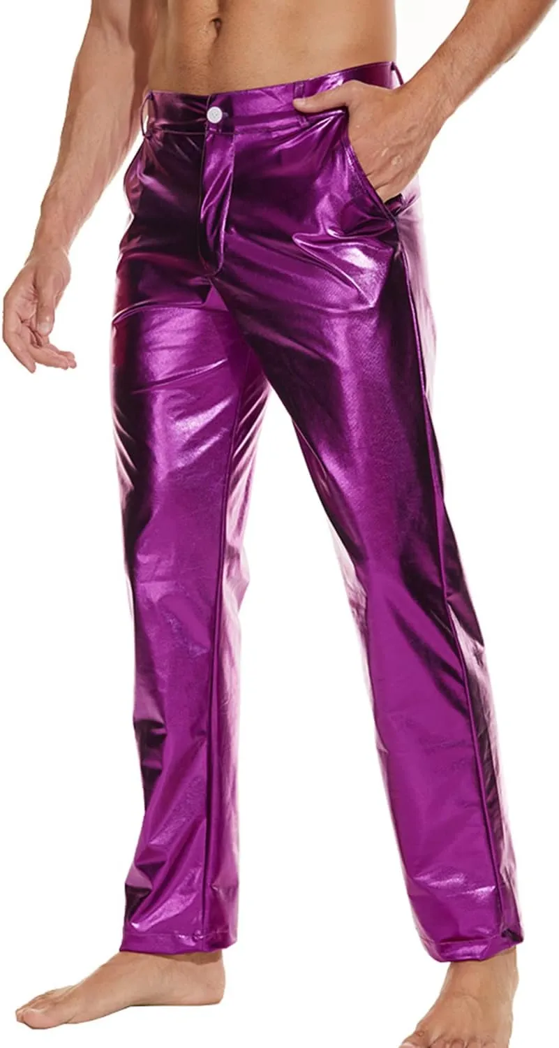 Metallic Shiny Disco Pants for Men, 70s/80s Party Rave Pants, Vintage Cosplay Straight Leg Trousers