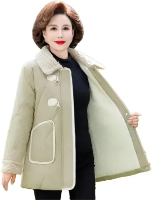 Middle-Aged Mother Autumn Winter Stylish Fleece Cotton-Padded Loose Ladies Horn Buckle Casual Warm Coat