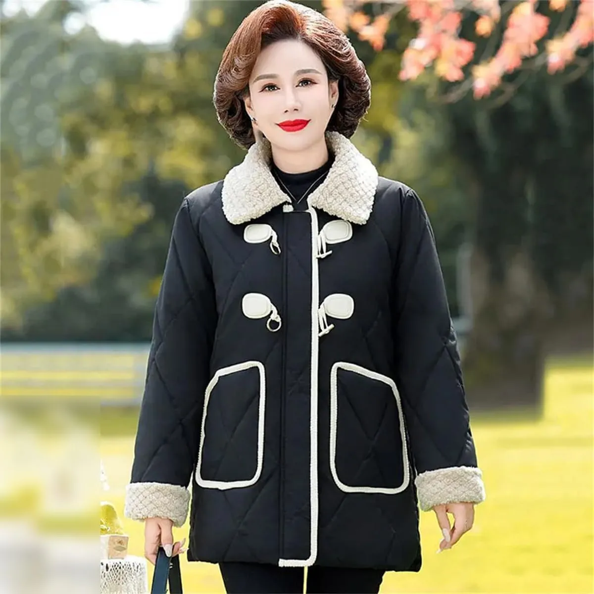 Middle-Aged Mother Autumn Winter Stylish Fleece Cotton-Padded Loose Ladies Horn Buckle Casual Warm Coat