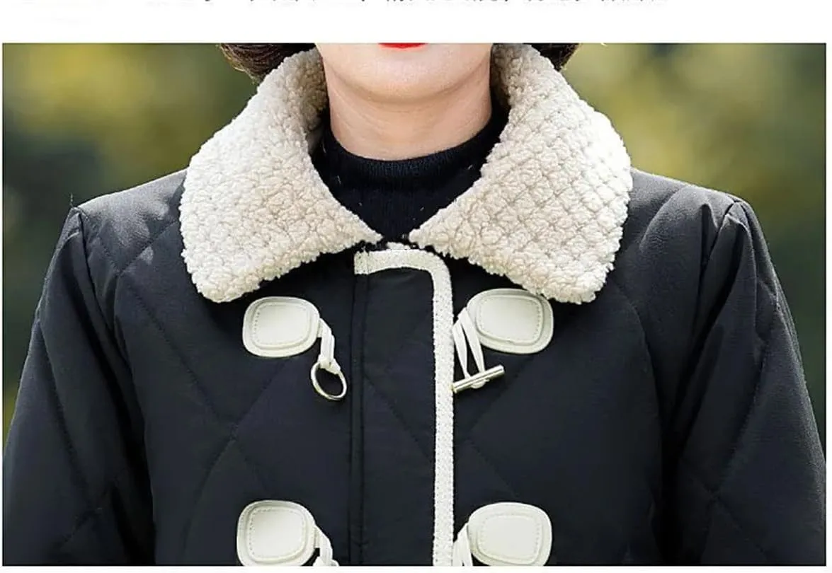 Middle-Aged Mother Autumn Winter Stylish Fleece Cotton-Padded Loose Ladies Horn Buckle Casual Warm Coat