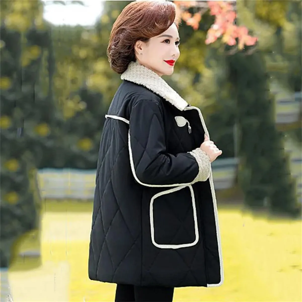 Middle-Aged Mother Autumn Winter Stylish Fleece Cotton-Padded Loose Ladies Horn Buckle Casual Warm Coat