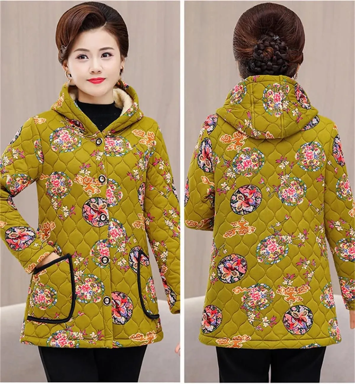 Middle-Aged Women Winter Medium Long Hooded Fleece Jacket Mother's Cotton-Padded Warm Coat