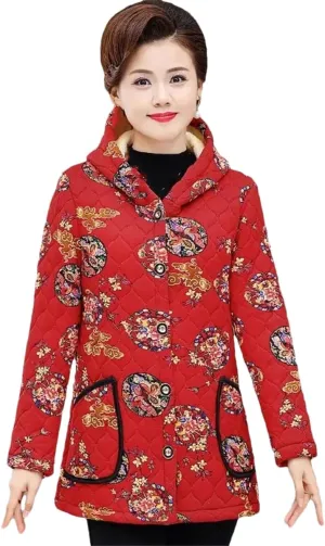 Middle-Aged Women Winter Medium Long Hooded Fleece Jacket Mother's Cotton-Padded Warm Coat