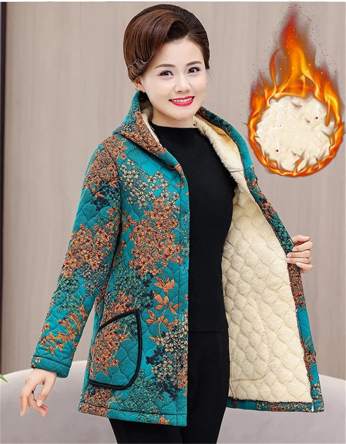 Middle-Aged Women Winter Medium Long Hooded Fleece Jacket Mother's Cotton-Padded Warm Coat