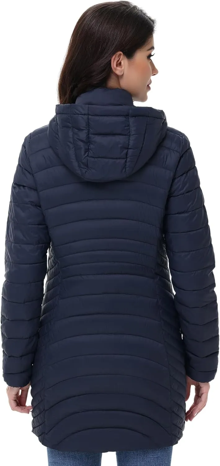 MIDNIGHTSUN Womens Packable Puffer Jacket Lightweight Puffer Coat Mid-length Hooded Warm Winter Puffy Jacket