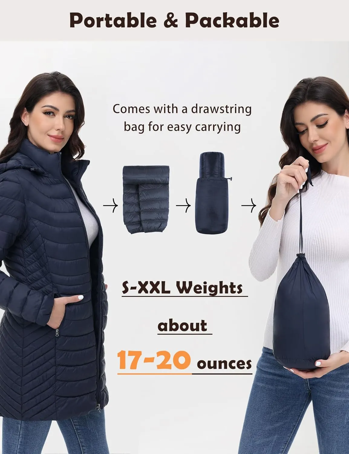 MIDNIGHTSUN Womens Packable Puffer Jacket Lightweight Puffer Coat Mid-length Hooded Warm Winter Puffy Jacket